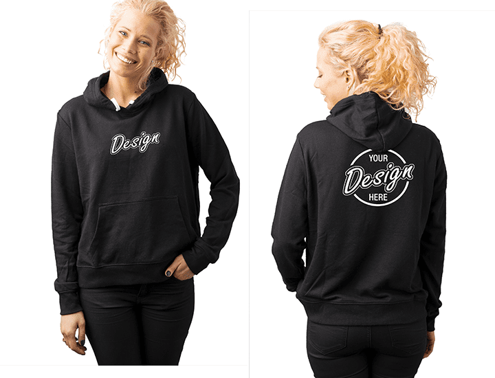 Woman wearing black hoodie with custom print on front and back
