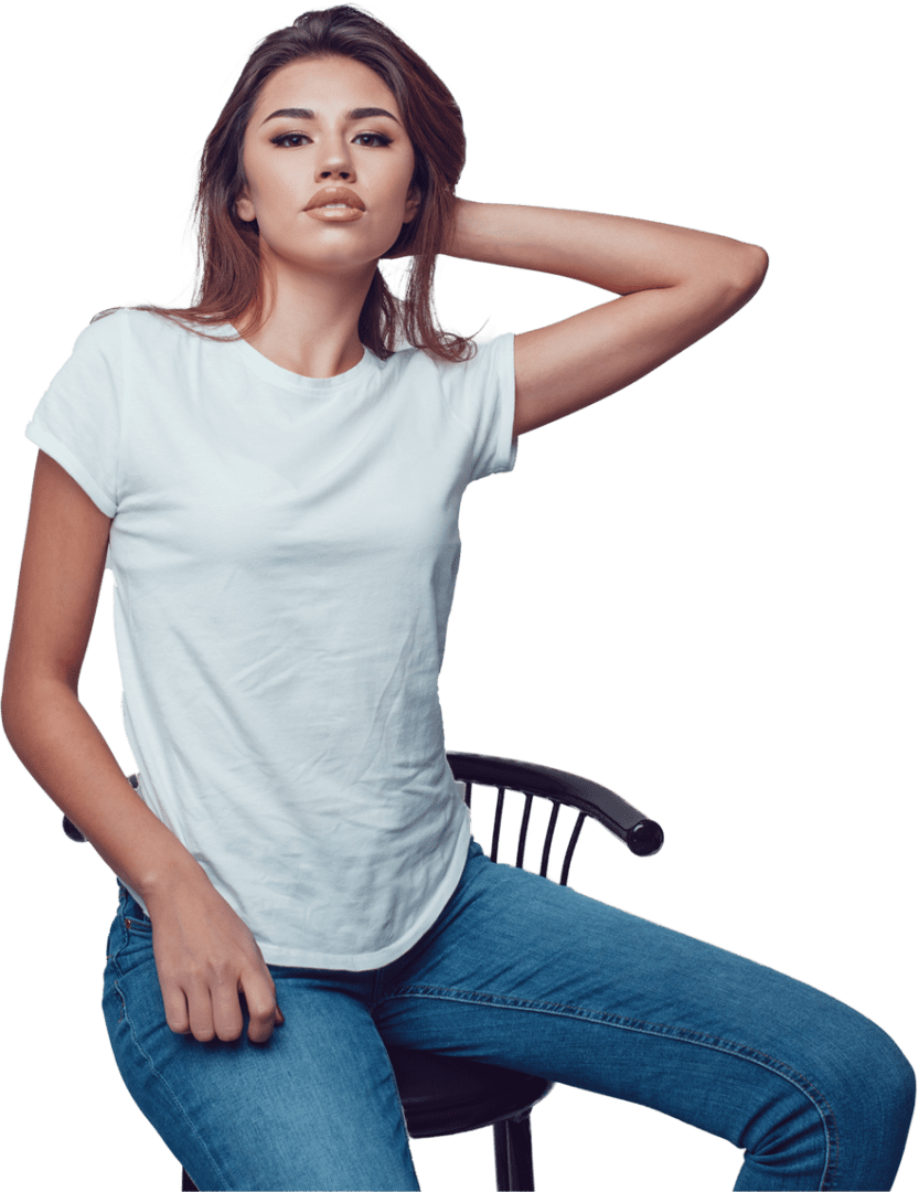 woman in a white T-shirt on a gray background